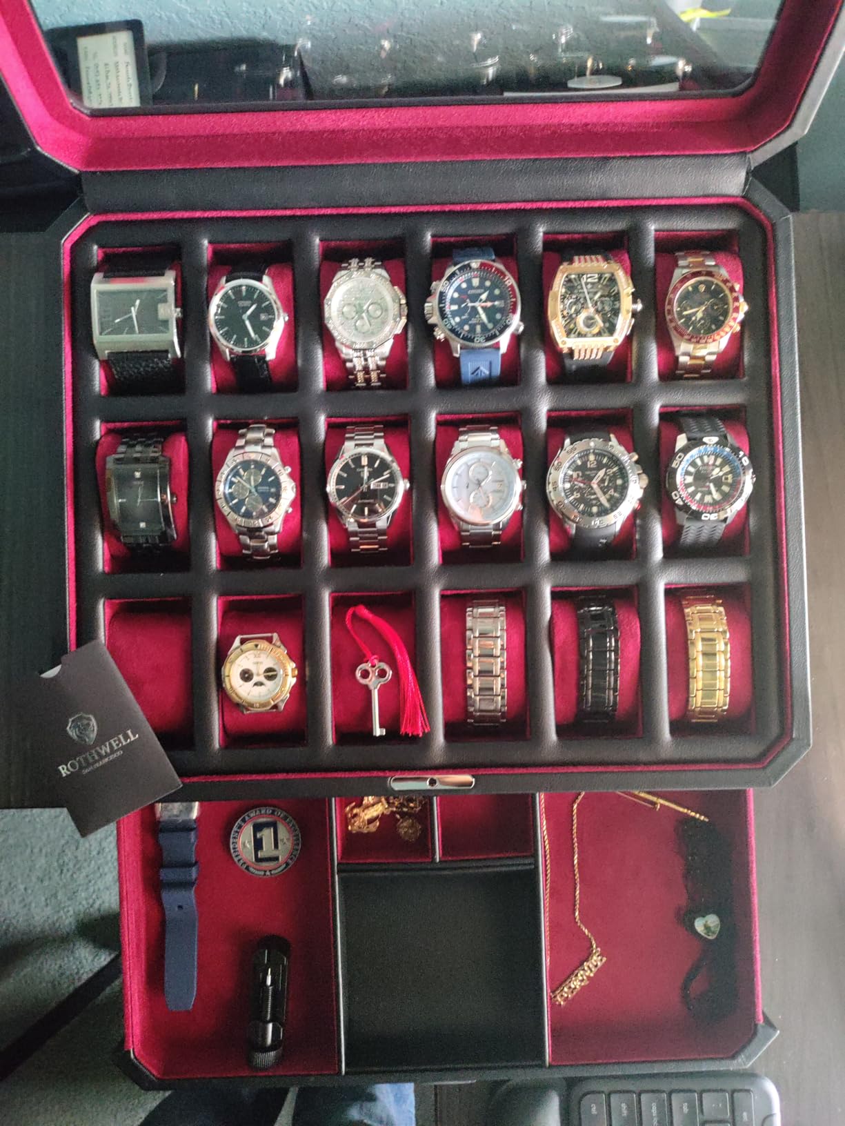 ROTHWELL 18-Slot Watch Case with Drawer - Luxury Watch Box for Men, Real Glass Top, Lockable (Black/Grey) customer photo 1