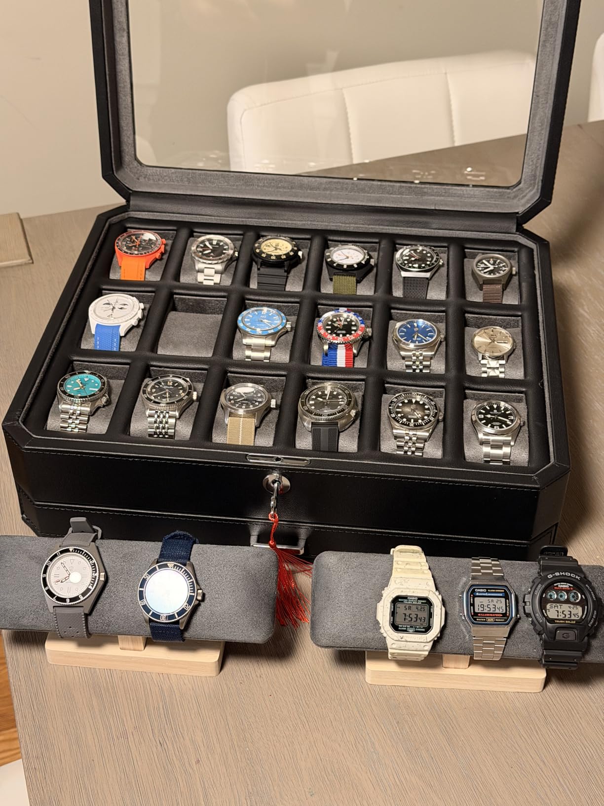 ROTHWELL 18-Slot Watch Case with Drawer - Luxury Watch Box for Men, Real Glass Top, Lockable (Black/Grey) customer photo 2