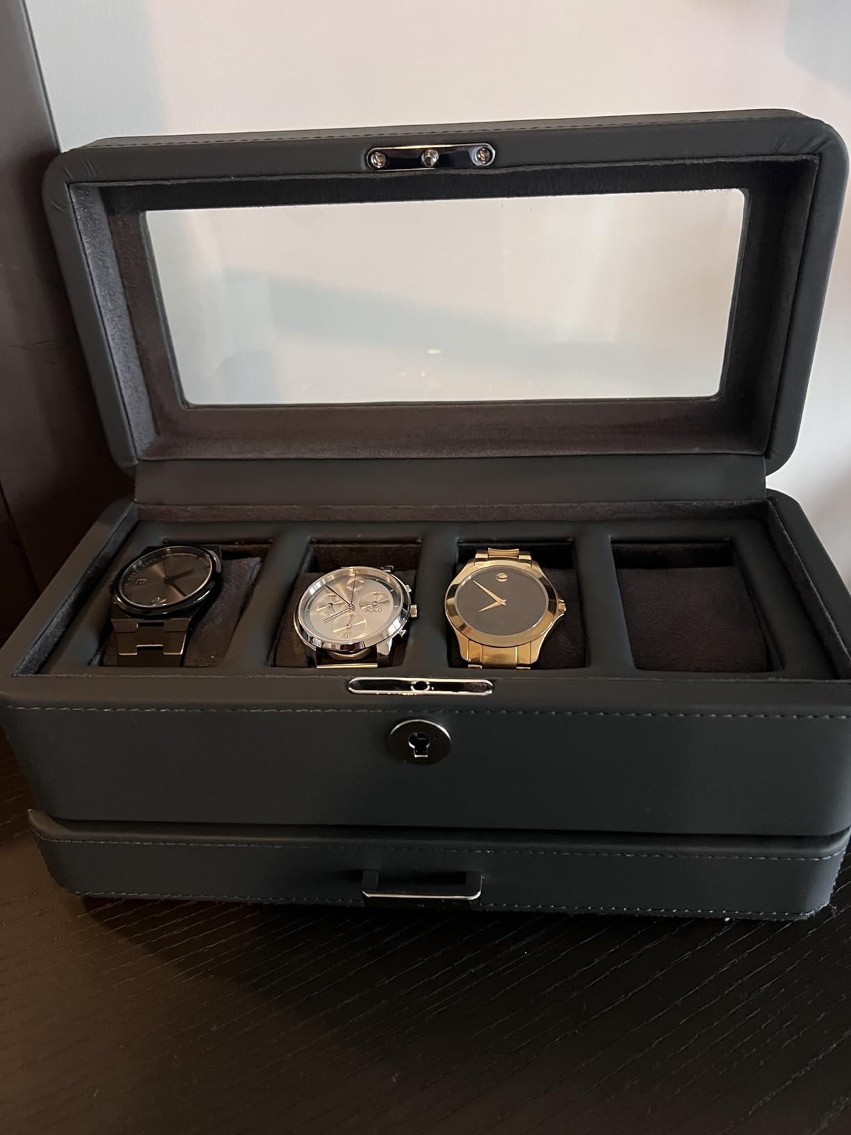 ROTHWELL 4 Slot Leather Watch Box with Valet Drawer - Luxury Case Display Jewelry Organizer, Locking Display Case Holder with Real Glass Top - Watch Box Organizer for Men & Women (Tan) customer photo 1