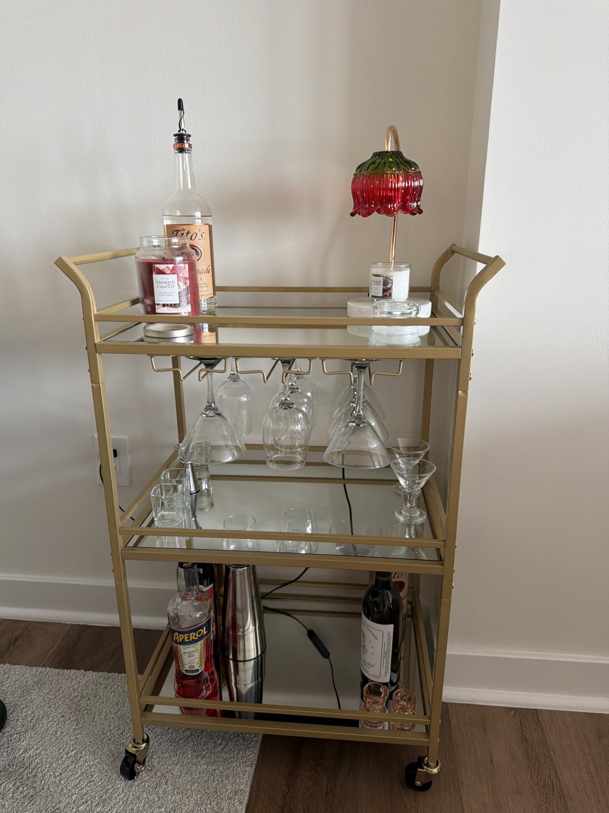 VASAGLE Bar Cart Gold, Large Home Bar Serving Cart with 3-Tier Mirrored Shelf, Wine Holders, Glass Holders, Kitchen, 15 x 33.9 x 35.4 Inches, Gold ULRC083A02 customer photo 2
