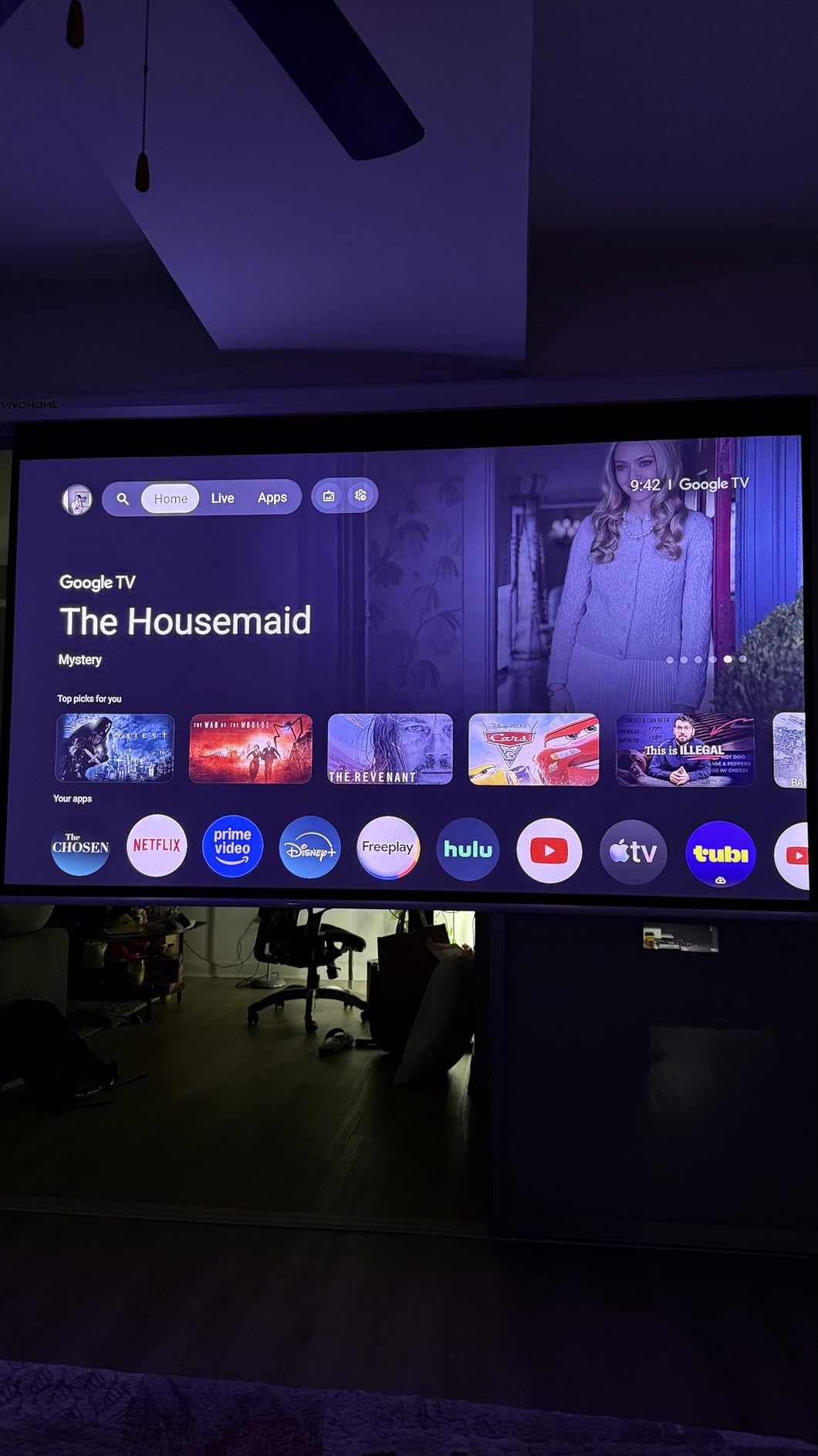 VIVOHOME 84 Inch 16:9 Motorized Projector Screen, White | Electric Projection Screen with Remote Control, Automatic Pull Down Movie Screen for Ceiling and Wall Mount, ALR, Retractable customer photo 1