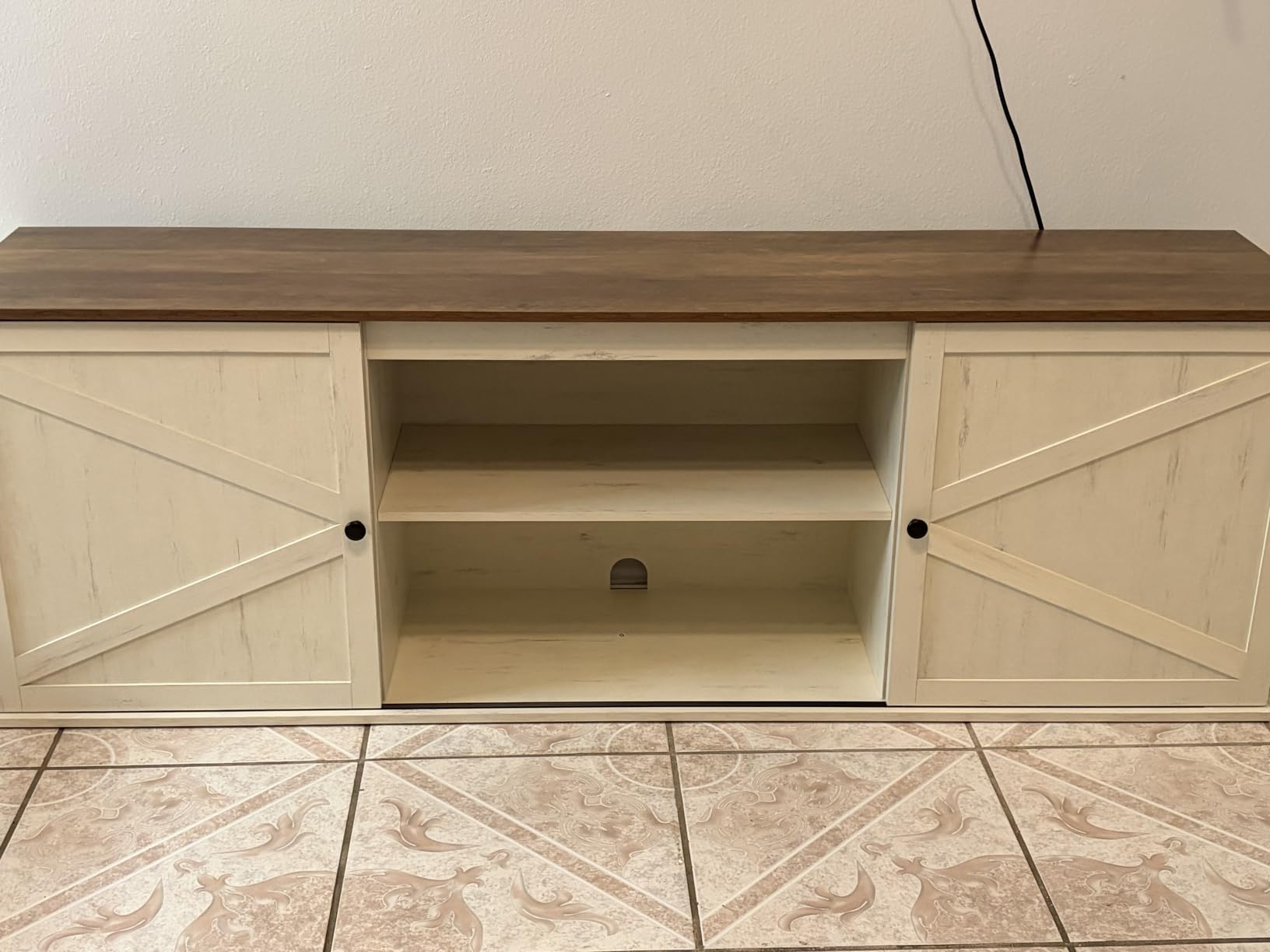VASAGLE Farmhouse TV Stand for TVs up to 80 Inches, Entertainment Center with Storage Cabinets and Sliding Barn Doors, Media Console Table for Living Room, Rustic White and Honey Brown ULTV537W01 customer photo 2