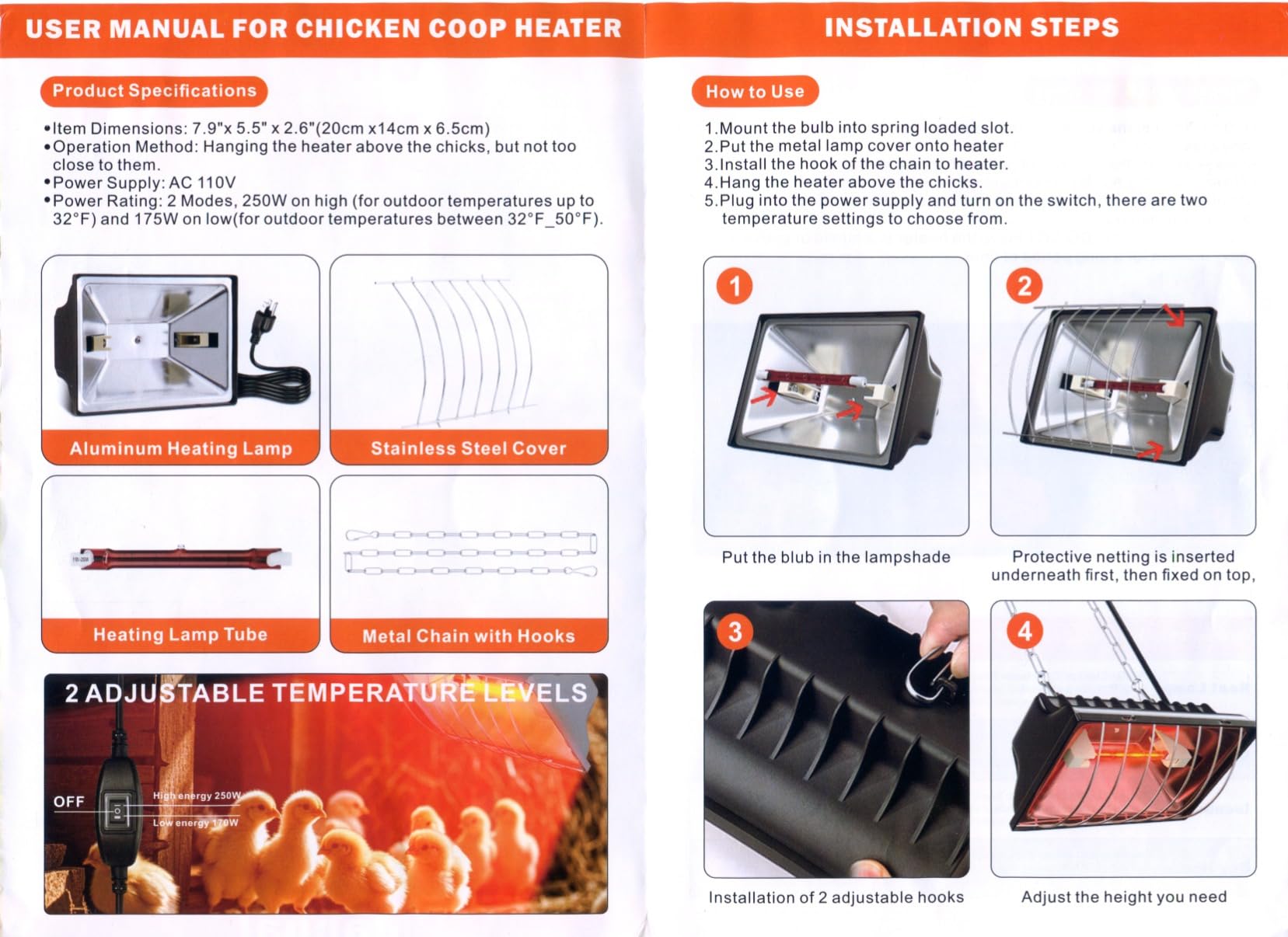 250W Chicken Coop Heater Brooder Bulb Repalcement, Heater Lamp Tube for 30 Chicks Or Ducklings, Poultry Habitat Supplies 250 Wattage Large Heating Lamp Tube Replacement for Amphibians, Livestock, Pets customer photo 1