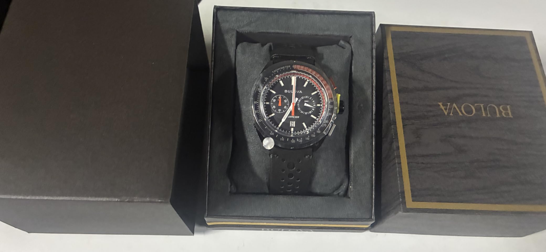 Bulova Men's Racer Chronograph Watch Black Leather Perforated Strap, Black Dial, Luminous Markers, Orange Accents, Tachymeter 42mm (Style: 98B428) customer photo 1