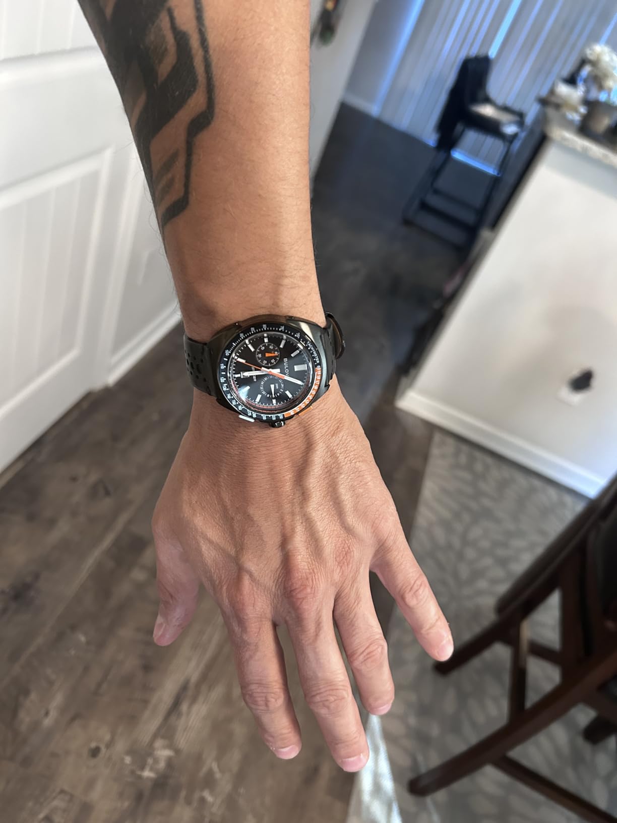Bulova Men's Racer Chronograph Watch Black Leather Perforated Strap, Black Dial, Luminous Markers, Orange Accents, Tachymeter 42mm (Style: 98B428) customer photo 2