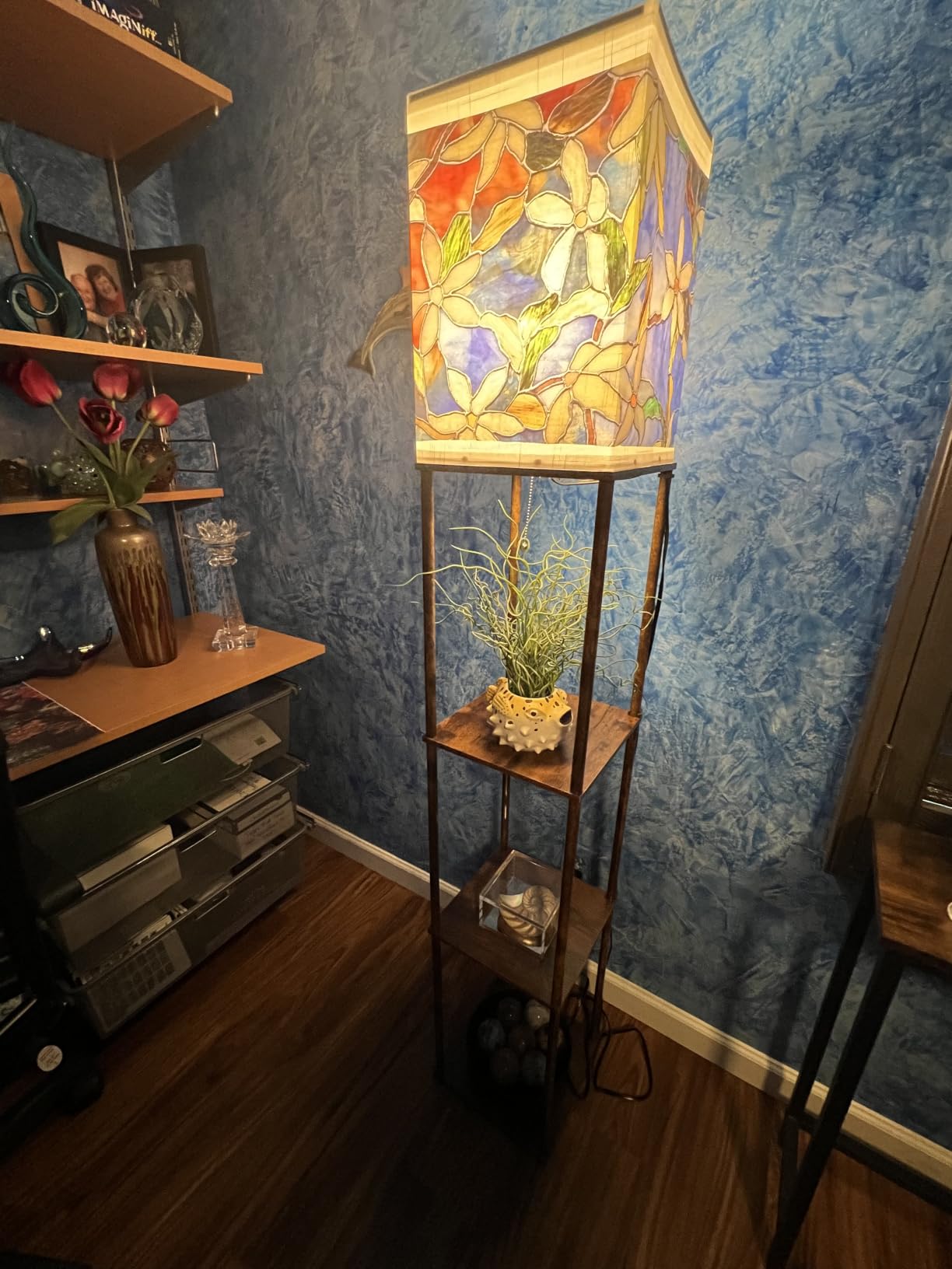 Floor Lamp with Shelves, Modern Corner Display Standing Column Shelf Lamp Etagere Organizer Tower Nightstand with White Linen Shade for Living Room, Bedroom and Office, Marble White and Gold Poles customer photo 2