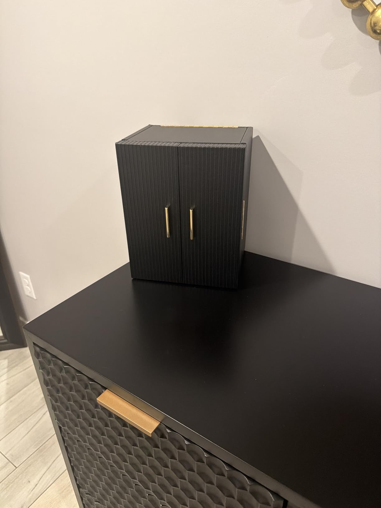 Dajasan Large Jewelry Organizer Box, 6-Tier Jewelry Storage Case with 5 Drawers, Jewelry Boxes for Women Girls with Mirror, Double Door, Textured PU Leather, Gift Idea, Stylish (Black + Gold) customer photo 1