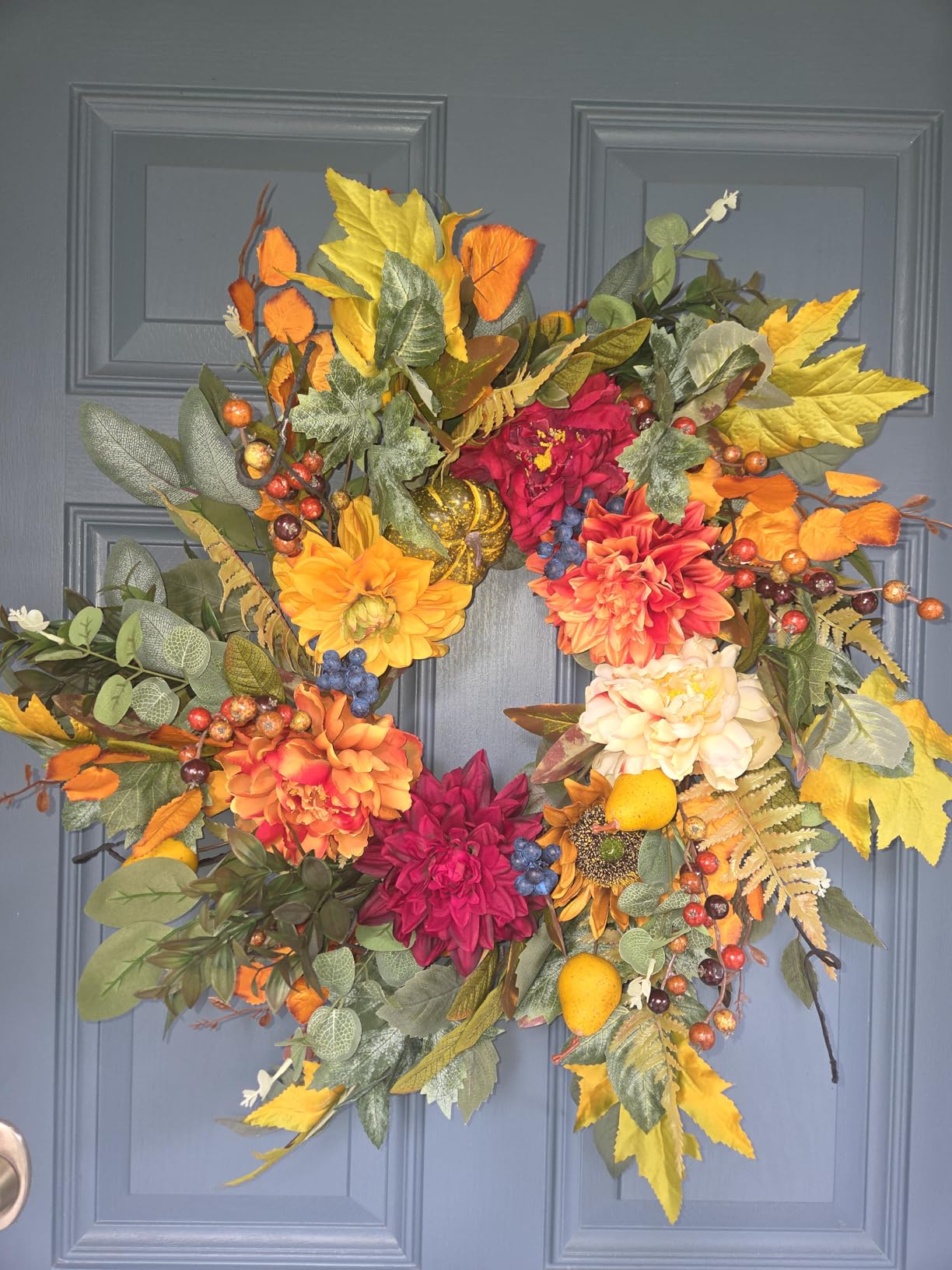 Pinkpuii 24 Inch Harvest Fall Wreaths for Front Door Outside,Porch,Entryway | Artificial Silk Autumn Wreath with Peony Dahlia Pumpkin Sunflower Pear-Indoor Outdoor Thanksgiving Halloween Door Decorations customer photo 2