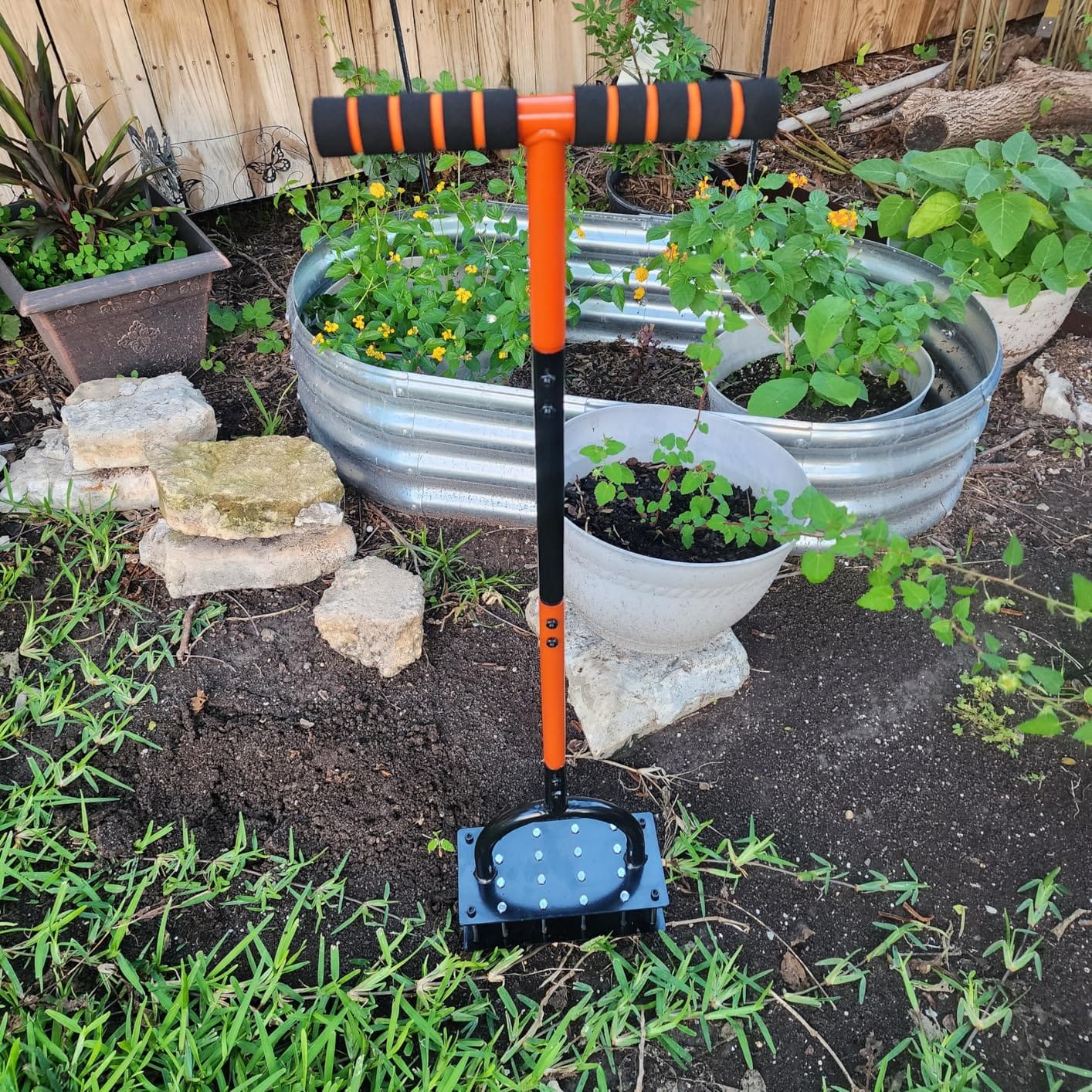 Bluesea Lawn Aerator Tool - 16 Iron Spikes with Ergonomic T-Handle, Automatic Dirt Clean for Soil Loosening & Yard Aeration, Manual Metal Grass Aerator (Orange) customer photo 2