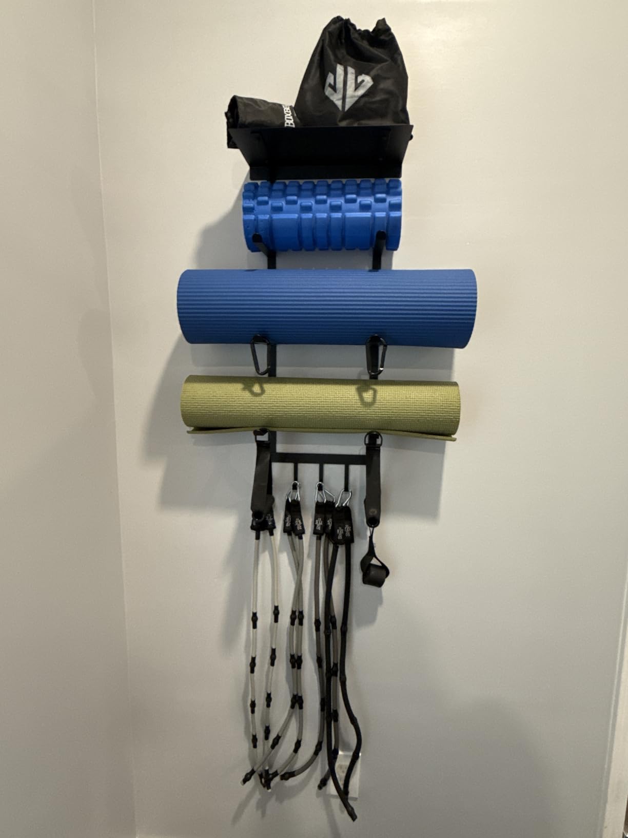 Yoga Mat Holder Wall Mount, Home Gym Storage Rack with Top Floating Shelf, 4-Tiers Holding Yoga Mat, Blocks, Rollers and Decorations, 5 Hooks for Resistance Bands, Skipping-Rope, Small Gym Equipment customer photo 2
