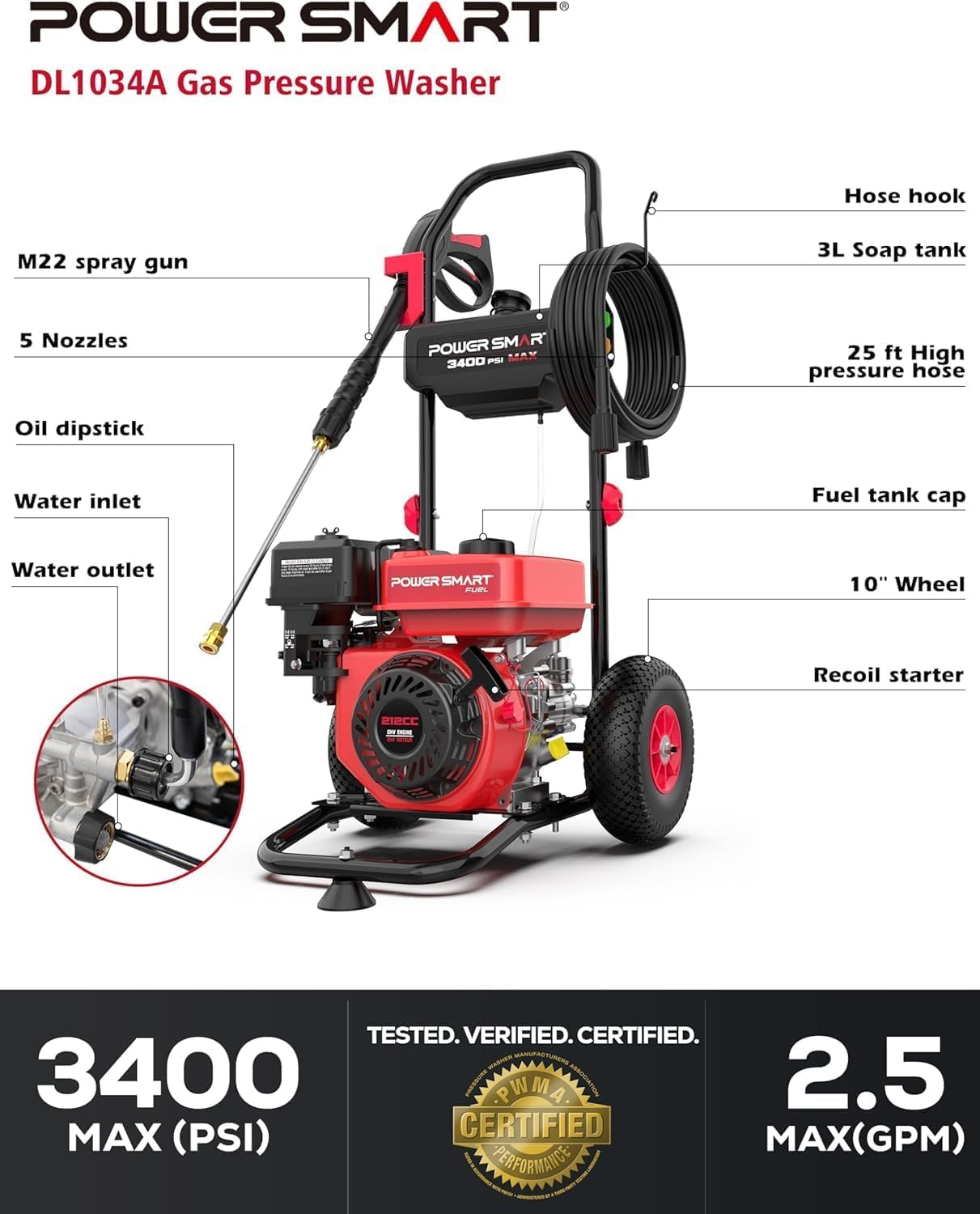 PowerSmart Gas Pressure Washer 3400 PSI, 2.5 GPM Gas Powered Pressure Washer, 212CC Engine, 10