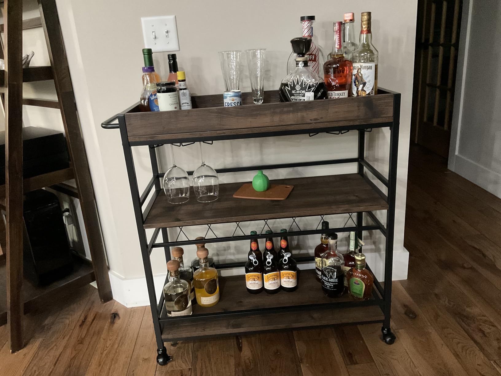 BON AUGURE Gold Bar Cart on Wheels for Home with Wine Rack & Glass Holders | 3-Tier, Rolling Serving Cart for liquor, Wine and Beverages, Lockable Mobile Wheels for Home Bars, Faux Marble+ Gold Frame customer photo 2