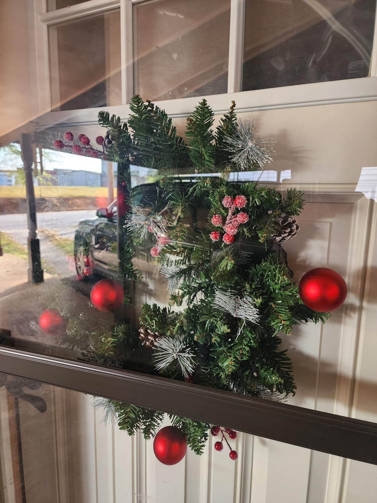 24 Inch Pre-Lit Artificial Christmas Wreath for Front Door, Christmas Door Decorations Wreath with LED Warm Lights, Balls, Pine Needles, and Red Berries Wall Windows Ornament customer photo 2