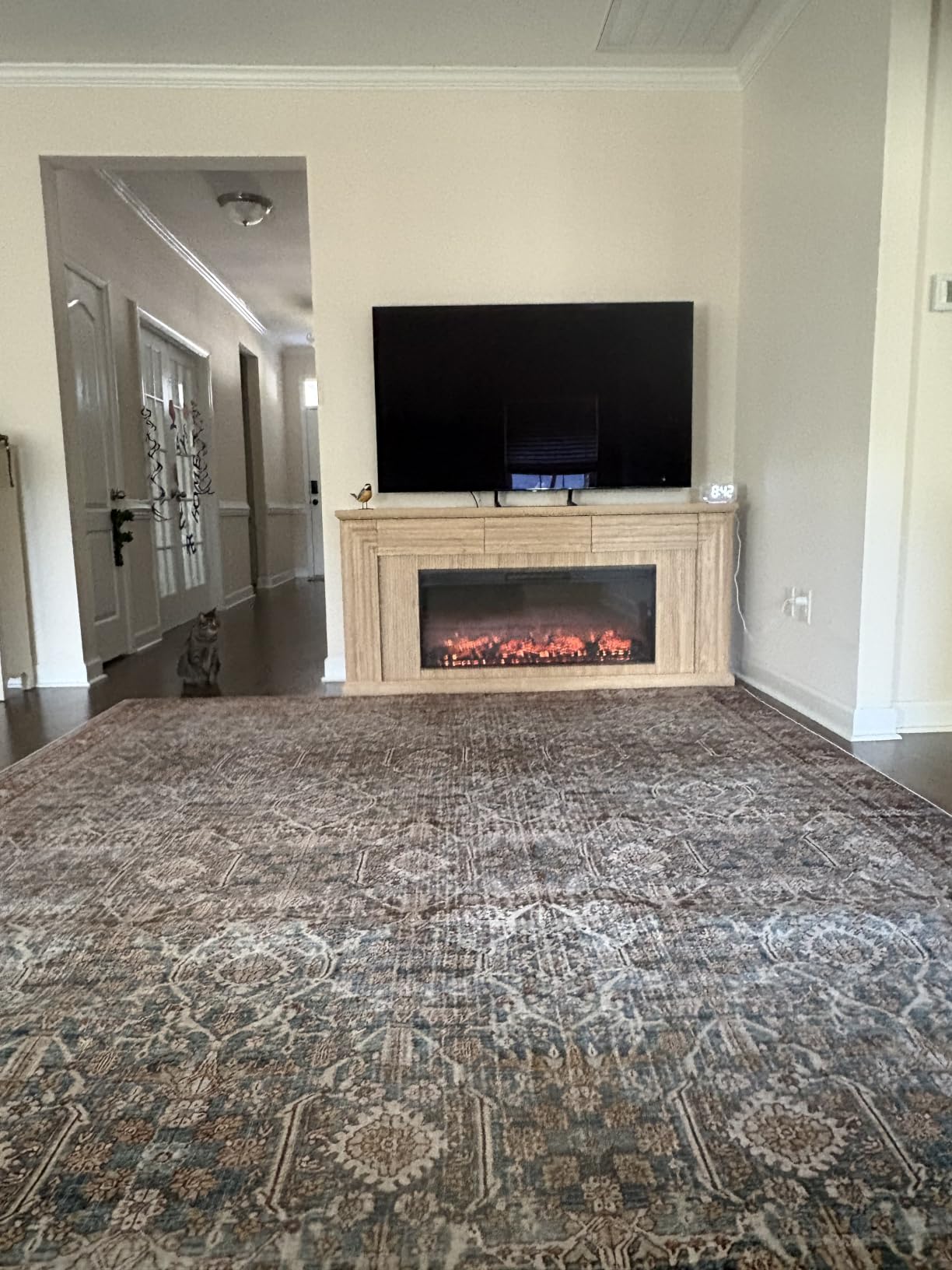 PRAISUN 70'' Fireplace TV Stand with 42'' Electric Fireplace, Farmhouse TV Stand for 65 75 Inch TV, Entertainment Center TV Console with 3 Drawers, Fluted Design, for Living Room, Distressed White customer photo 2