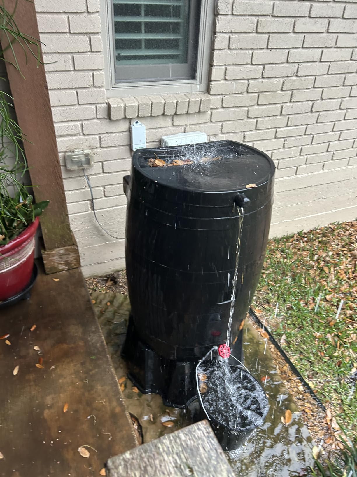 RTS Home Accents Premium 55-Gallon Eco Rain Barrel with Removable Lid, Flat Back Rain Water Collection Barrel, Made with 100% Recycled Plastic, Stand Included, Black customer photo 1