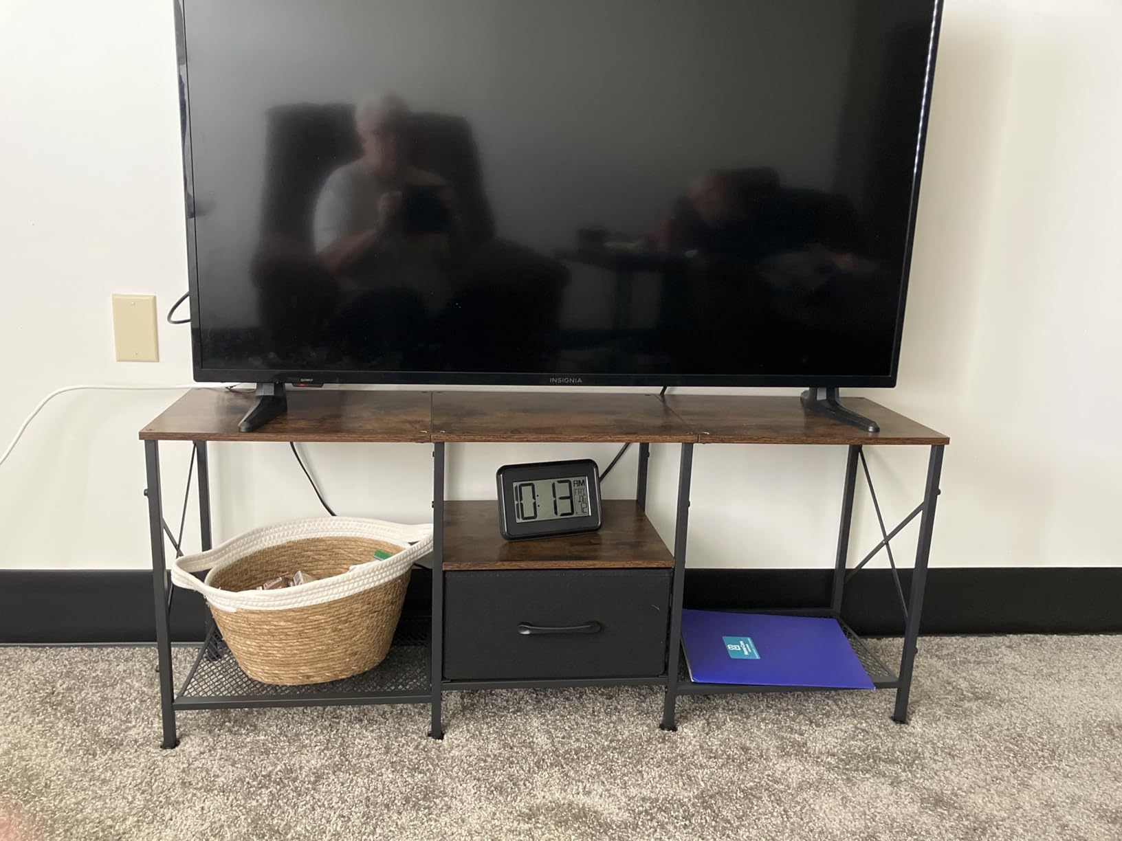 JARHETUN TV Stand with Fabric Drawer, Entertainment Center for 50 55 Inch TV, Industrial TV Console Table with Open Storage Shelves for Living Room, Bedroom, Rustic Brown customer photo 1