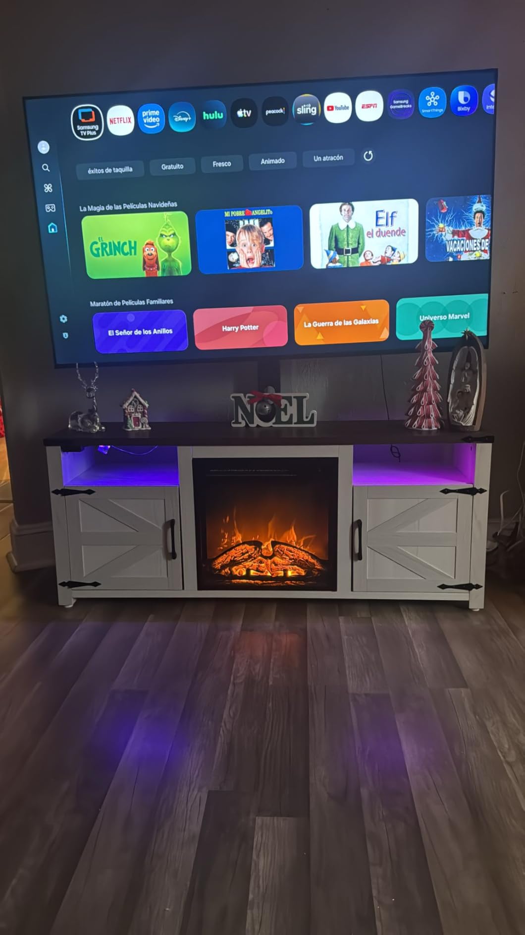 ROCHECASA Fireplace TV Stand, Farmhouse TV Mount Stand for 32-75 inch TVs with Charging Station LED Lights, Entertainment Center with Storage for Bedroom, Living Room, TS002-178 customer photo 1