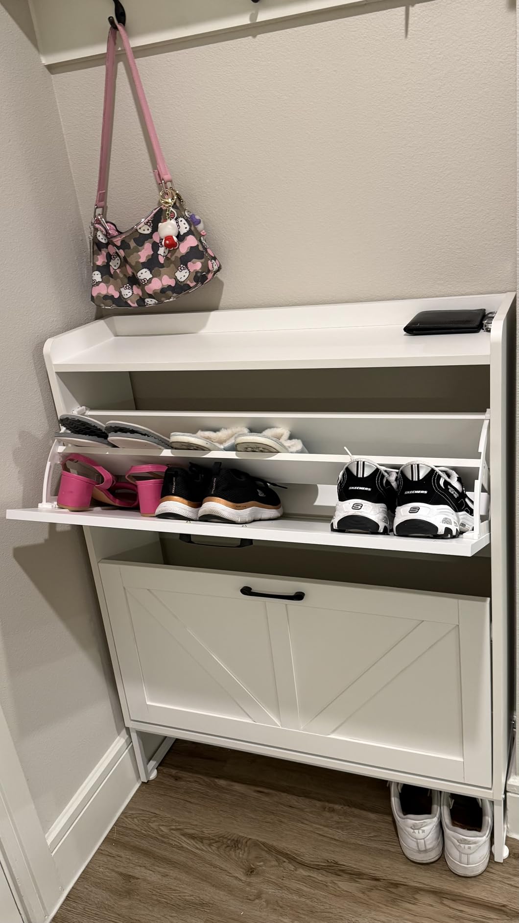 GRUSIGN Shoe Cabinet, Shoe Storage Cabinet with 2 Flip Drawers & Adjustable Shelf, Space-Saving Shoe Organizer - Holds 16+ Pairs, Narrow Shoe Cabinet Storage for Entryway/Hallway (White) customer photo 2