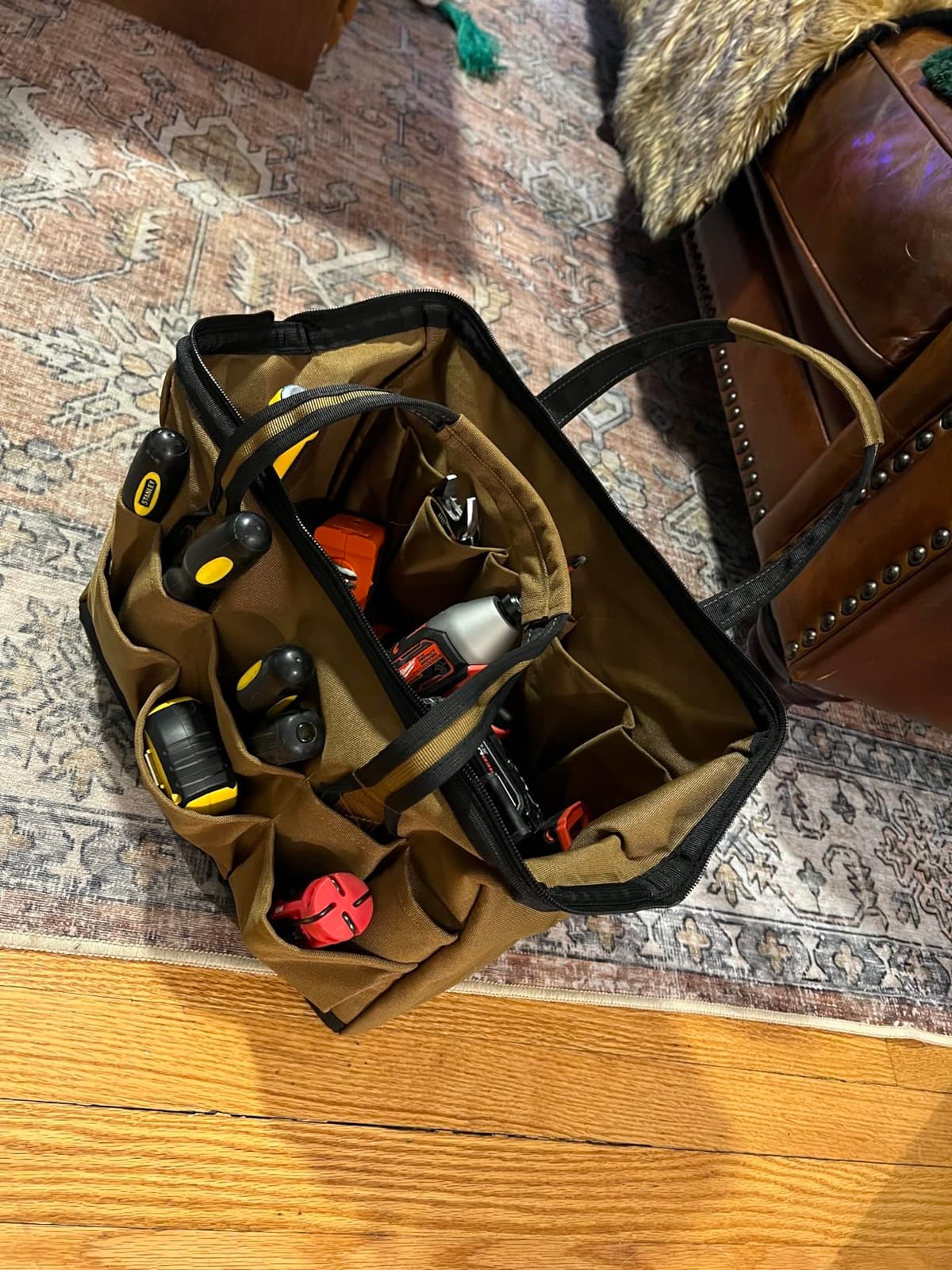 Coreflex 14 inch Wide-Mouth Tool Bag, Gear Bag, Multiple Purpose - for Plumbers, Electricians, Handymen also good for daily use, office use and camping. (Tan) customer photo 2