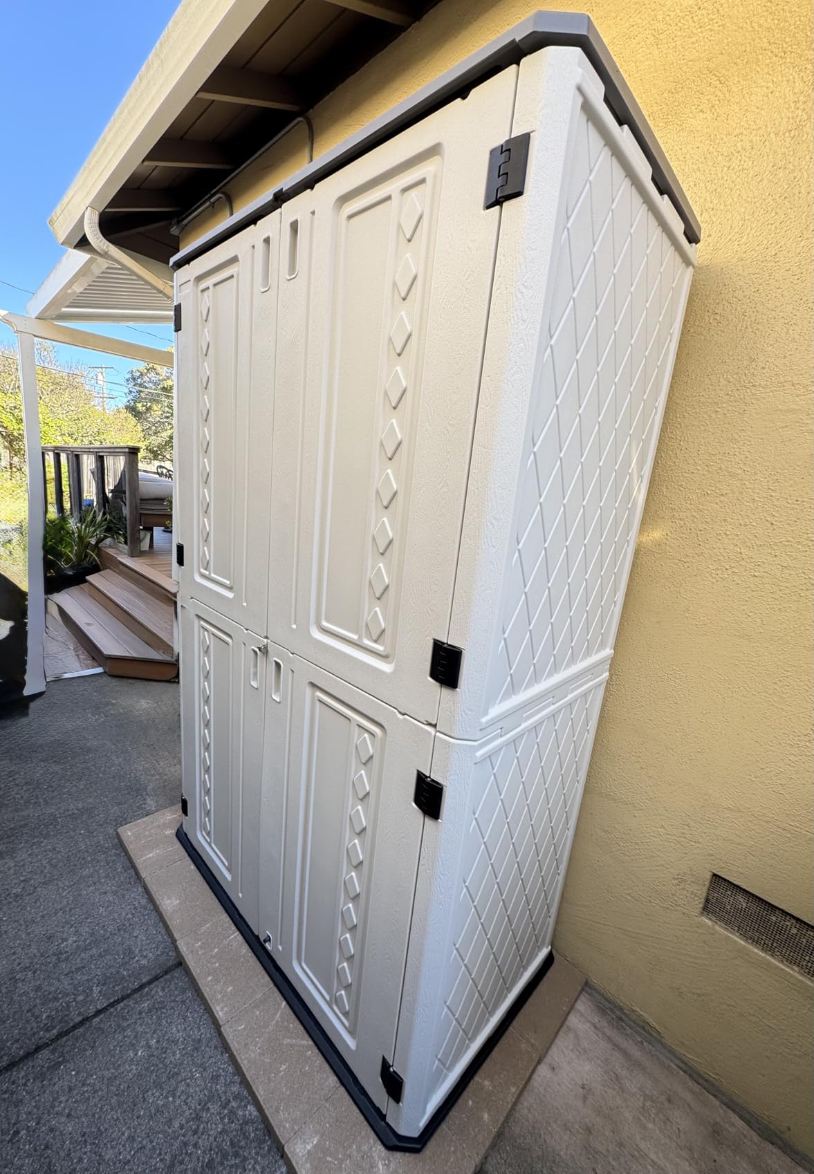 HOMSPARK Storage Shed Weather Resistance, Multi-Purpose Outdoor Storage Cabinet Waterproof, Outdoor Storage Cabinet for Garbage Cans, Lawnmower, Garden Accessories (Coffee, Tall shed-53 cu ft) customer photo 1