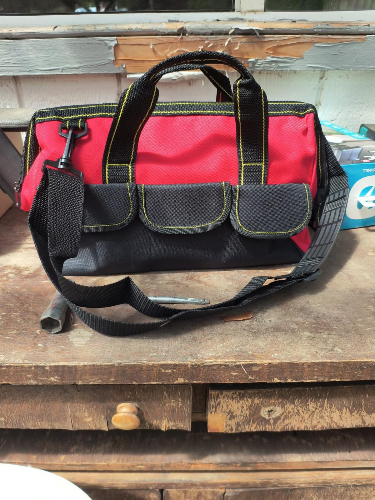 Hiceeden 16 Inch Wide Mouth Tool Bag, Collapsible Tool Tote with Waterproof Coating and Adjustable Strap, Portable Electrician Tool Organizer Handbag with 5 Outside Pockets, Red customer photo 1