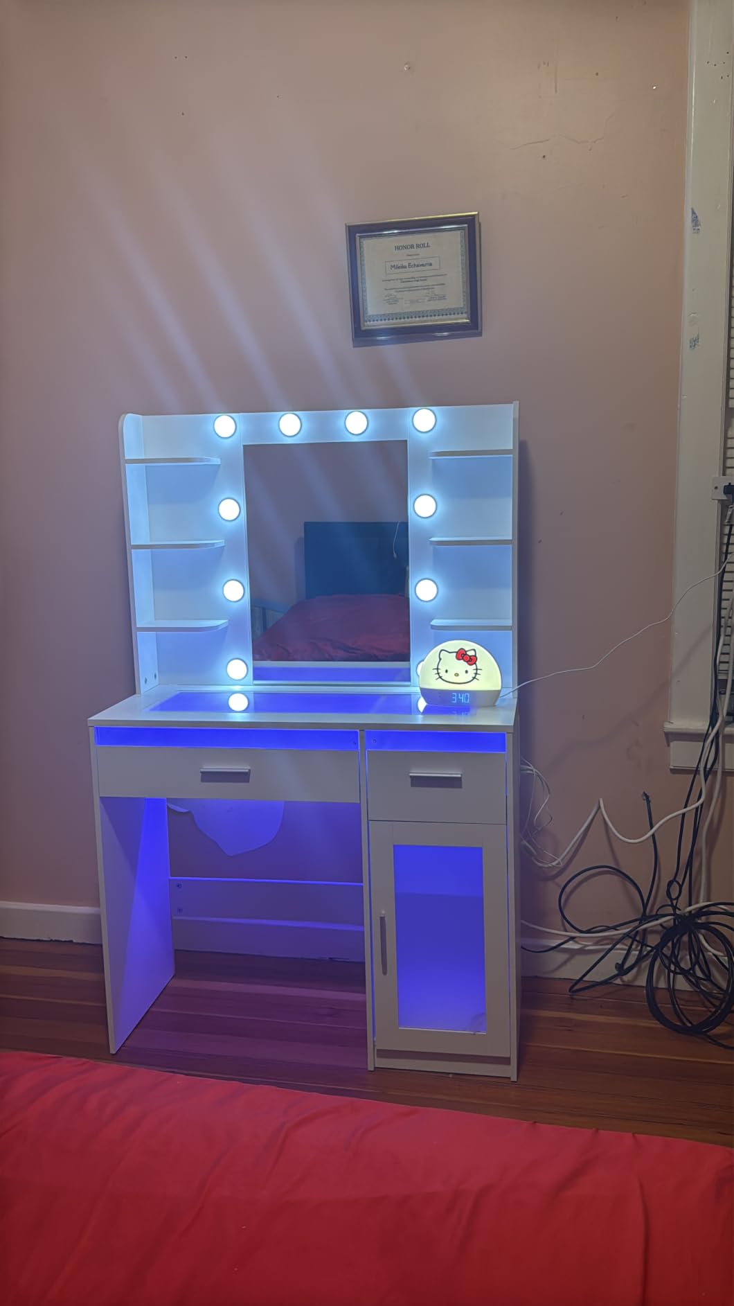 HUAHUU Vanity Desk with Mirror and Lights, Makeup Vanity Desk with Lights 3 Colors, Transparent Top Vanity with 2 RGB Drawers, 6 Shelves, Large Tempered Cabinet, Power Outlet, for Bedroom, White customer photo 1