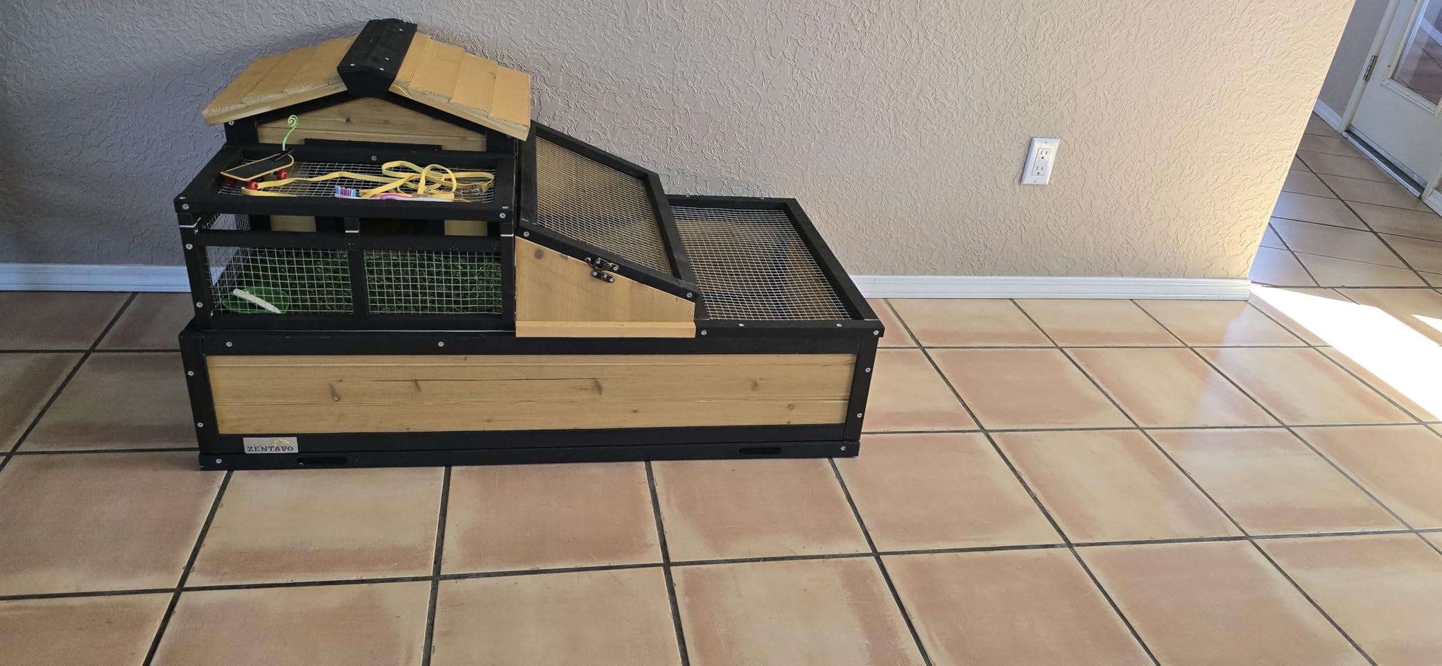 3-Room Large Tortoise Habitat with Pull-Out Tray, Wooden Reptile Enclosure Indoor & Outdoor with Ramp, Grass Mat, Openable Roof, Reptile Cage for Small Animals, Luxurious Tortoise House Villa, Gray customer photo 1