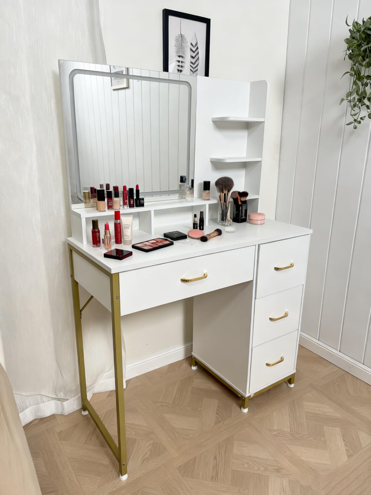 COMHOMA Vanity Desk with Mirror and Lights, Makeup Vanity Table with 4 Drawers & Storage Shelves, Large HD Mirror, 3 Color Modes & Adjustable Brightness, Modern Dressing Table for Bedroom, Black customer photo 2
